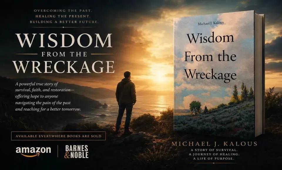 Promotional banner for Wisdom From the Wreckage: a man stands on a hillside watching the sunset beside the book cover, with the words “Available everywhere books are sold.”